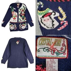 Vintage Crystal Kobe Knitted Christmas Sweater Cardigan Santa Size M Grandma